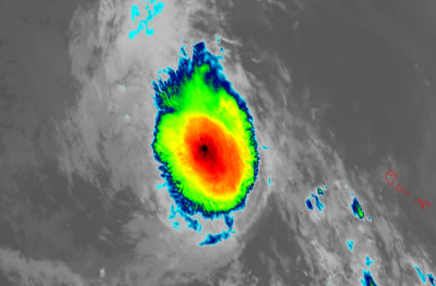 Latest color enhanced view of Erin from the GOES-East weather satellite. Image: NOAA