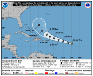 Latest forecast track for Erin.  Image: NHC