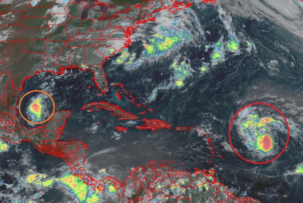 The National Hurricane Center is watching two areas today: the orange circled area in the Gulf of America that could develop, the other, circled in red, which is Tropical Storm Erin which should be a hurricane by tomorrow. Image: NOAA