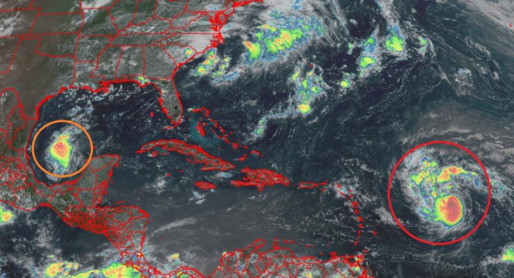 The National Hurricane Center is watching two areas today: the orange circled area in the Gulf of America that could develop, the other, circled in red, which is Tropical Storm Erin which should be a hurricane by tomorrow. Image: NOAA
