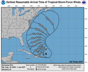 This map, based on the latest forecast track from the National Hurricane Center, shows how soon tropical storm force winds could be expected from Hurricane Erin has it moves up along the East Coast in the coming days. Image: NHC