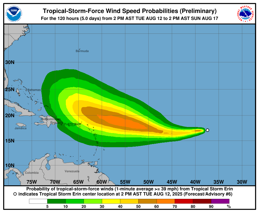 The threat of damaging winds from Erin over the next 5 days have shifted west, putting some places into a hazard zone. Image: NHC