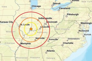 Last night's earthquake struck at the orange dot inside the colored concentric circles on this map. Image: USGS