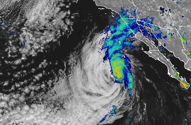 Satellite image showing Tropical Storm Juliette's clouds moving into southern California and the northern Baja. Image: NOAA