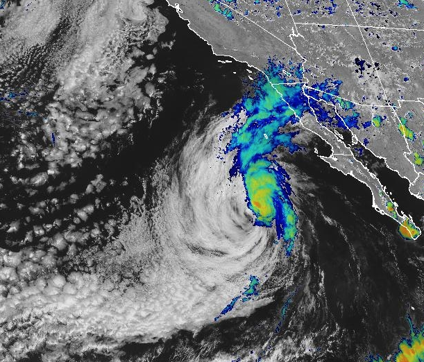 Satellite image showing Tropical Storm Juliette's clouds moving into southern California and the northern Baja. Image: NOAA