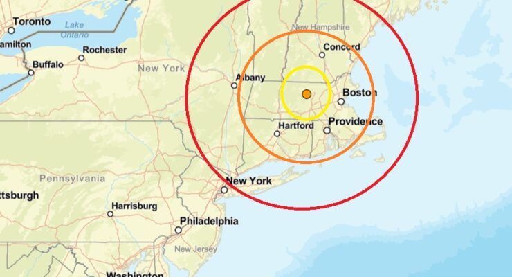 Today's earthquake struck at the orange dot inside the colored concentric circles on this map. Image: USGS