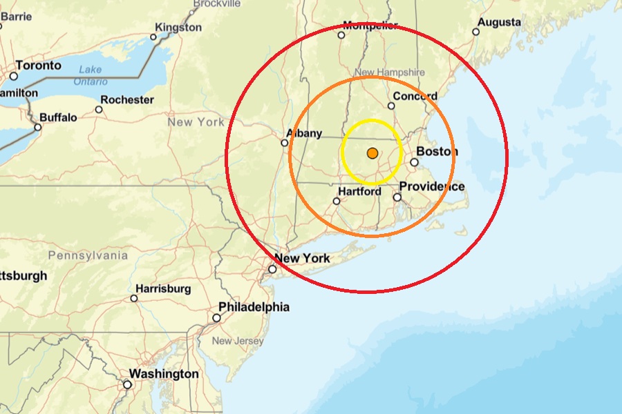 Today's earthquake struck at the orange dot inside the colored concentric circles on this map. Image: USGS