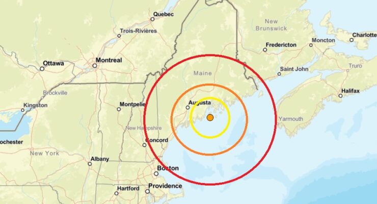 The earthquake struck at the orange dot inside the colored concentric circles on the map. Image: USGS