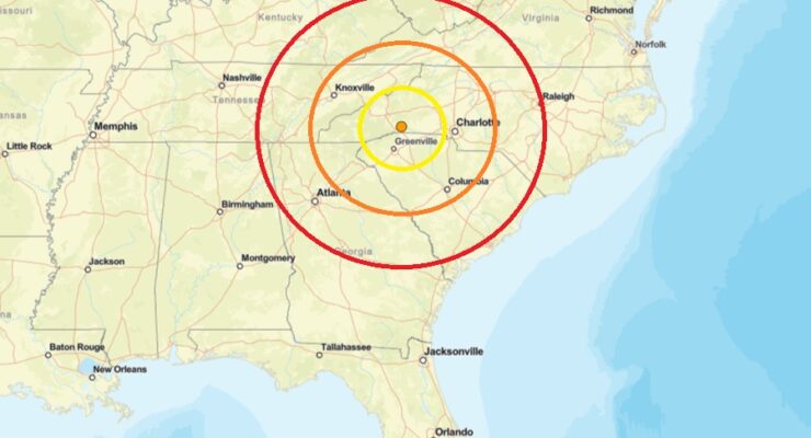 Today's earthquake struck at the orange dot inside the colored concentric circles today. Image: USGS