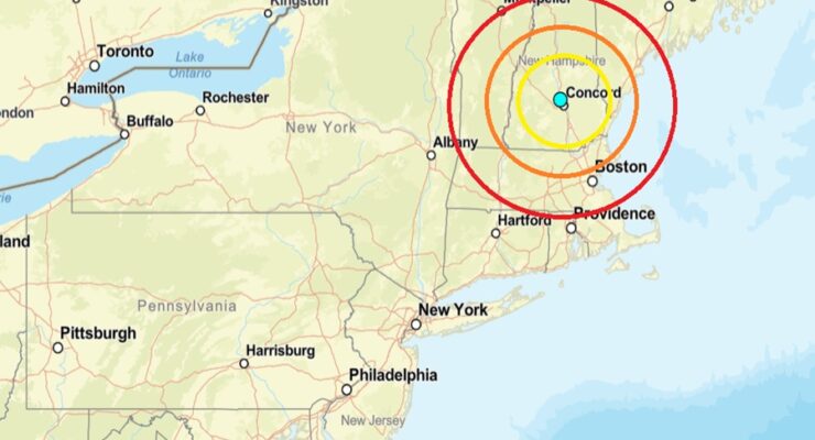 The epicenter of today's earthquake was at the blue dot inside the colored concentric circles on this map. Image: USGS