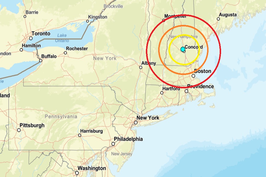 The epicenter of today's earthquake was at the blue dot inside the colored concentric circles on this map. Image: USGS