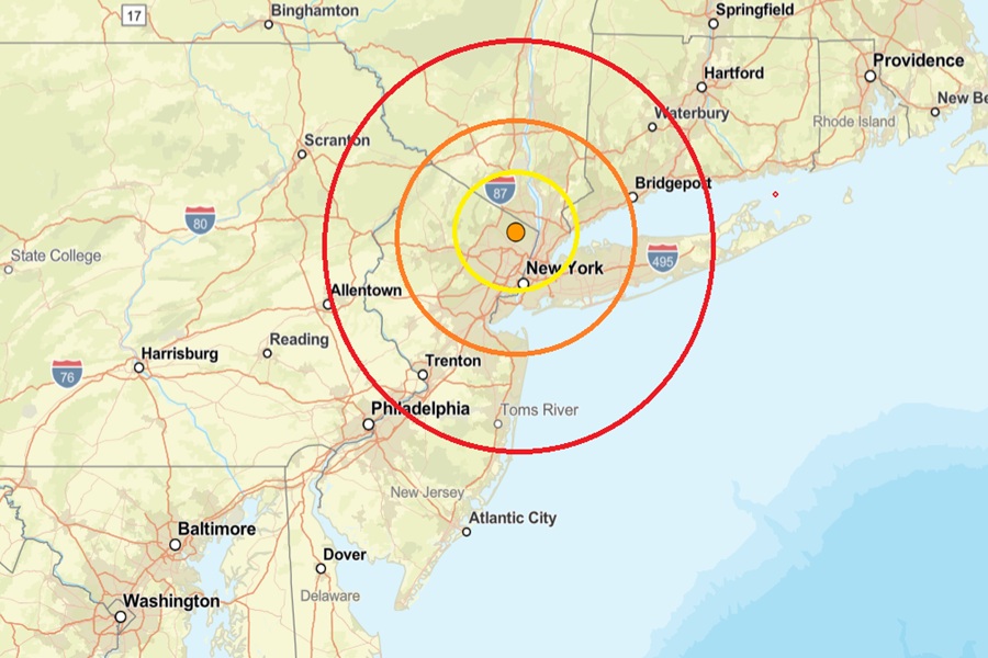 The epicenter of today's earthquake is at the orange dot inside the colored concentric circles on the map. Image: USGS