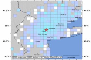More than 10,000 people said they felt Saturday's earthquake which struck New Jersey, with each square indicating an area where reports were received into USGS by shaking. The star indicates the location of the epicenter. Image: USGS