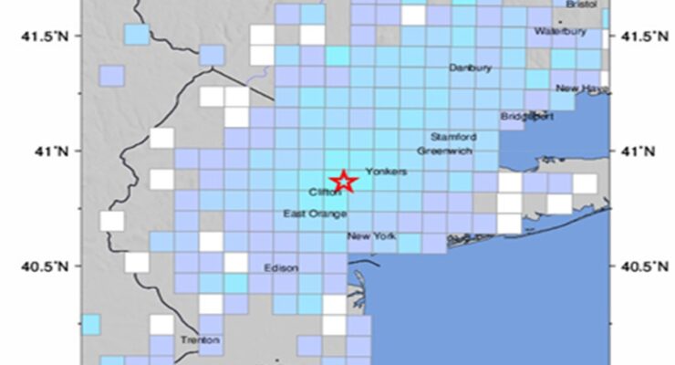 More than 10,000 people said they felt Saturday's earthquake which struck New Jersey, with each square indicating an area where reports were received into USGS by shaking. The star indicates the location of the epicenter. Image: USGS
