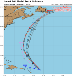 Most computer guidance suggests this new system would avoid much of North America, although Newfoundland could be at risk of impacts in the extended range.  Image: tropicaltidbits.com