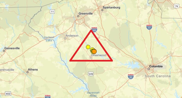 All of the earthquakes that struck South Carolina in recent days had epicenters all within this triangle. Image: USGS