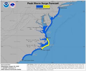 Storm Surge is now expected from Sandy Hook, New Jersey to the South Santee River in South Carolina. Storm Surge flooding is also possible around Staten Island , the Raritan Bay, and New York Harbor. Image: NHC