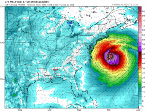 Model projection of the wind field of Hurricane Erin as it moves up the coast on Thursday. Image: tropicaltidbits.com