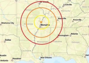 The epicenter of today's earthquake is indicated by the orange star inside the colored concentric circles. Image: USGS