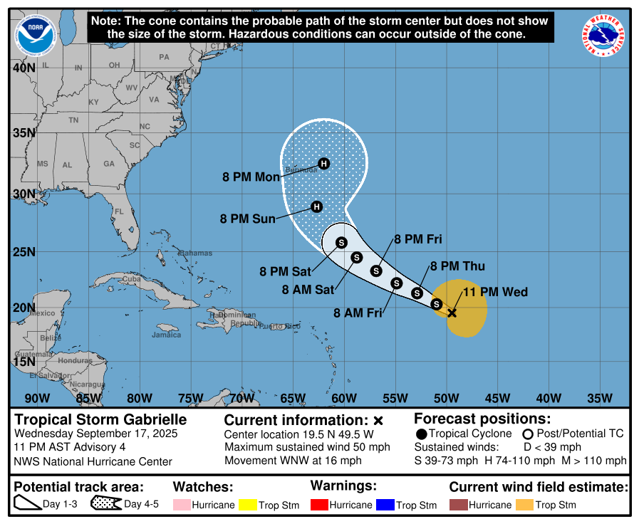 Latest official track for Gabrielle from the National Hurricane Center. Image: NHC