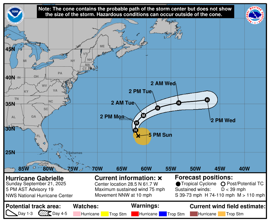 Latest official forecast track for Gabrielle. Image: National Hurricane Center