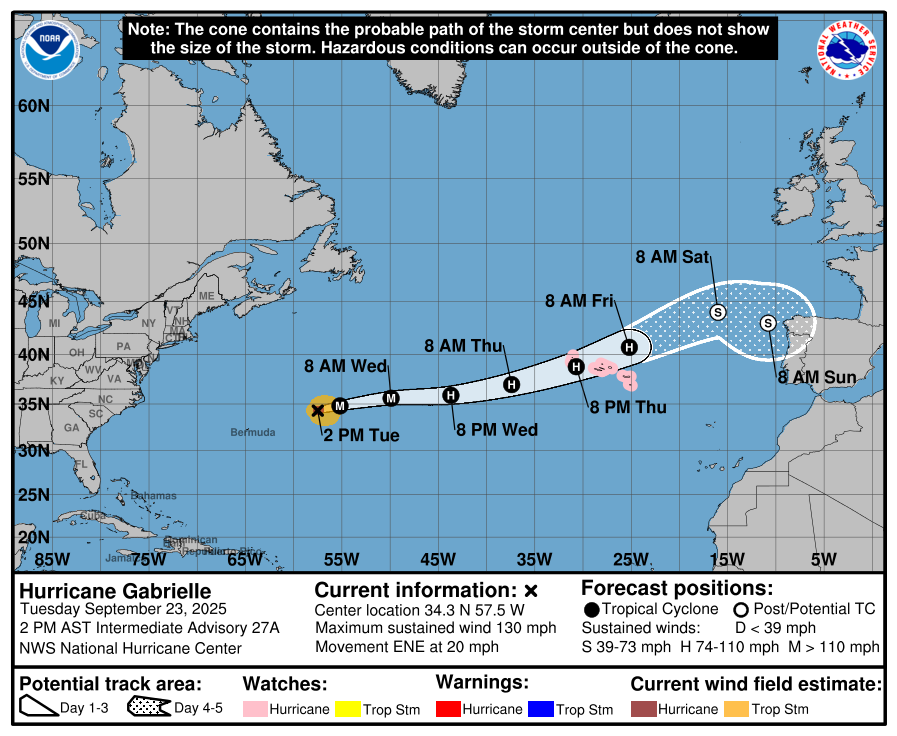 The latest official forecast track on Gabrielle also shows where Hurricane Watches are now in effect. Image: NHC