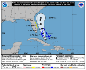The National Hurricane Center's official forecast brings the center of Imelda to a location off the Georgia/South Carolina coast by Tuesday afternoon as a hurricane. Image: NHC