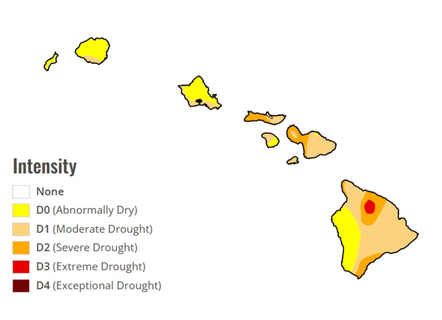 Latest Drought Monitor map shows all of the islands dealing with drought, with portions of the Big Island of Hawaii dealing with Severe Drought. Image: USDA/NOAA/NDMC