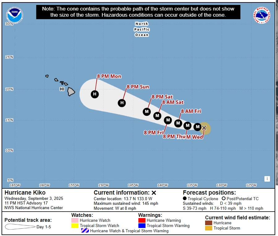 Latest official forecast track for Kiko from the National Hurricane Center. Image: NHC