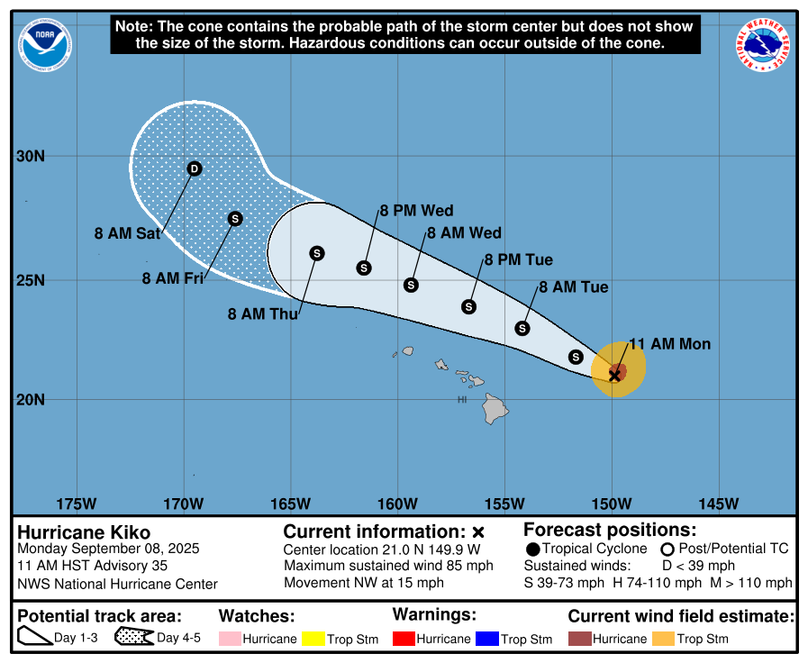 Latest official track for Hurricane Kiko from the Central Pacific Hurricane Center.  Image: CPHC/NHC