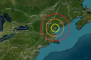 The earthquake epicenter was at the orange dot inside the colored concentric circles on this map. Image: USGS