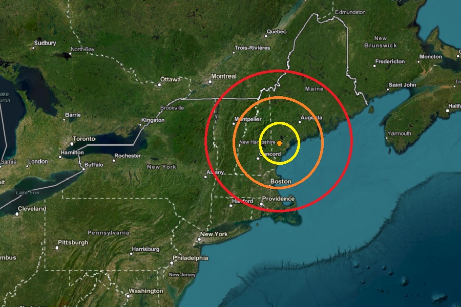 The earthquake epicenter was at the orange dot inside the colored concentric circles on this map. Image: USGS