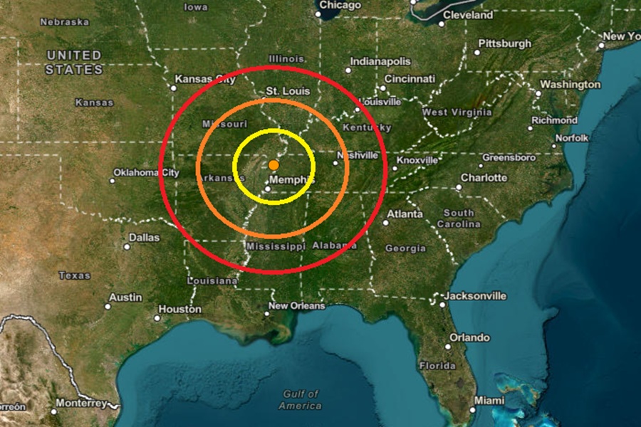 The epicenter of the earthquake is at the orange dot inside the colored concentric circles. Image: USGS
