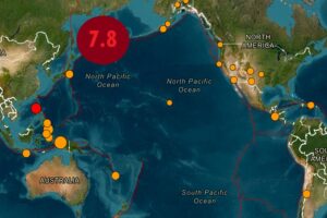 The epicenter of today's powerful 7.8 earthquake is off the coast of Russia near where another massive 7.3 earthquake struck just weeks ago triggering Tsunami Warnings for Hawaii and the U.S. West Coast. Other orange dots indicate other recent earthquake epicenter locations. Image: USGS