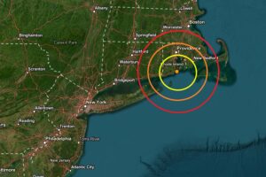 The epicenter of the earthquake was at the orange dot inside the colored concentric circles on this map. Image: USGS