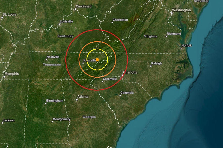 The epicenter of today's earthquake is at the orange dot inside the colored, concentric circles. Image: USGS