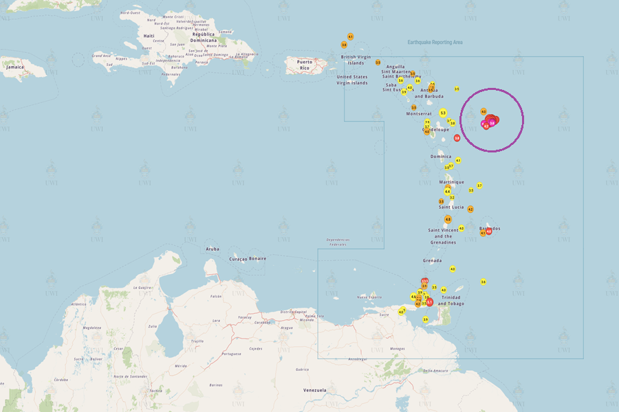 This map shows recent earthquake activity around the Leeward Islands, with the most recent strong swarm circled in purple. Each colored circle represents the epicenter of an earthquake, with the yellow ones being the oldest. Orange reflects earthquakes from recent weeks, red reflects earthquakes from recent days, and purple-pink reflects today's earthquake activity. Image: UWI-SRC