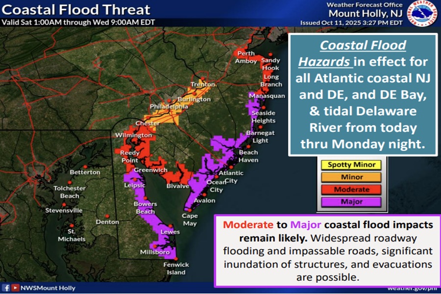 Major coastal flooding is likely today into early tomorrow from the nor'easter moving through. Image: NWS