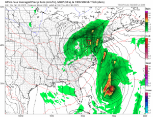 A computer model shows Hurricane Melissa moving north and east towards Bemuda while an area of low pressure takes shape near New Jersey at the coast. This New Jersey system will create heavy rain showers, gusty winds, and coastal flooding. Image: tropicaltidbits.com