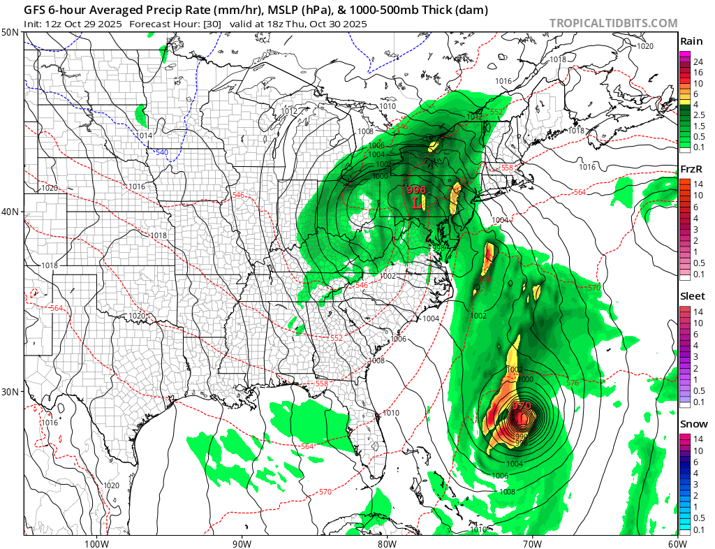 A computer model shows Hurricane Melissa moving north and east towards Bemuda while an area of low pressure takes shape near New Jersey at the coast. This New Jersey system will create heavy rain showers, gusty winds, and coastal flooding.  Image: tropicaltidbits.com