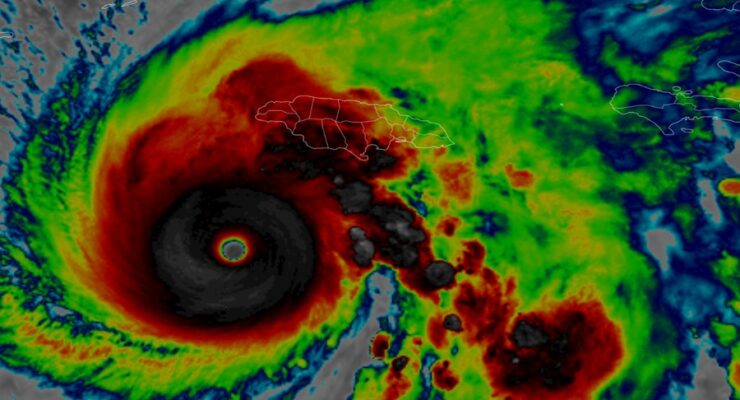 Latest IR Satellite view of Major Hurricane Melissa as it spins about south of Jamaica as a high-end category 5 hurricane. Image: NOAA