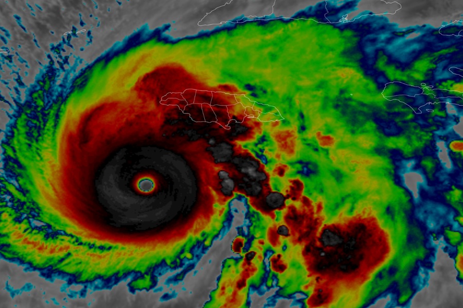 Latest IR Satellite view of Major Hurricane Melissa as it spins about south of Jamaica as a high-end category 5 hurricane. Image: NOAA