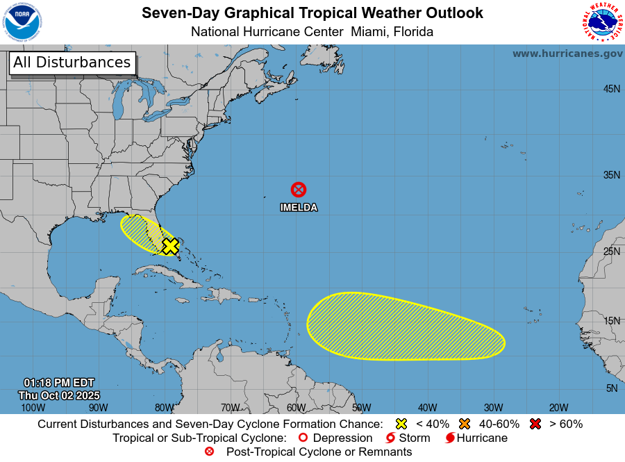 With Imelda no longer a threat, the National Hurricane Center is watching the areas in yellow for potential tropical cyclone development. Image: NHC