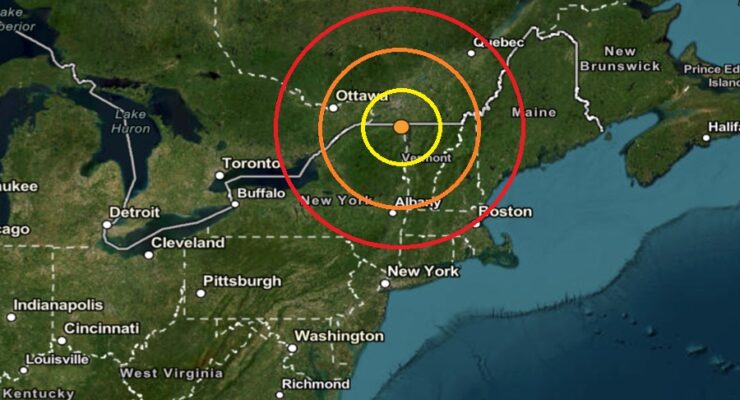 The earthquake struck at the orange dot inside the colored, concentric circles on this map. Image: USGS