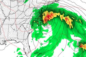 This American GFS computer forecast model output for Sunday morning shows Hurricane Jerry intensifying far east of Florida and well south of Bermuda while a nor'easter off the Mid Atlantic coast also intensifies ahead of impacting New Jersey and New York. Image: tropicaltidbits.com