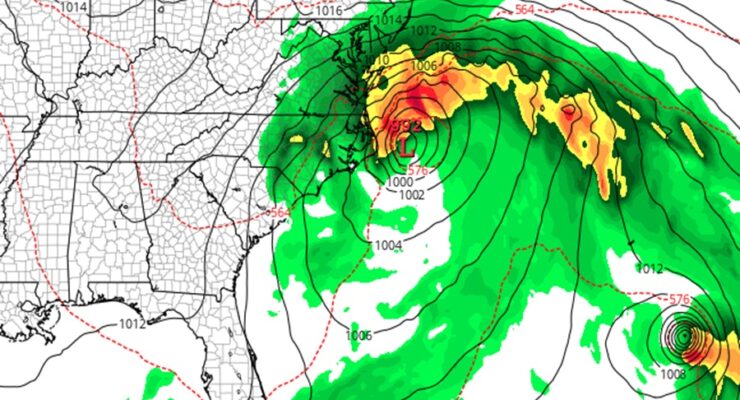 This American GFS computer forecast model output for Sunday morning shows Hurricane Jerry intensifying far east of Florida and well south of Bermuda while a nor'easter off the Mid Atlantic coast also intensifies ahead of impacting New Jersey and New York. Image: tropicaltidbits.com