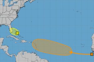 The colored shaded areas could develop into tropical cyclones over time, with better odds for the orange area to do so over the yellow. Image: NHC