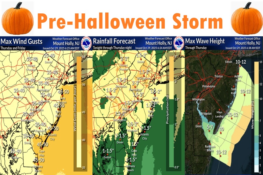 The Pre-Halloween storm will create some weather hazards for portions of Pennsylvania, New Jersey, New York, and Delaware.  Image: NWS