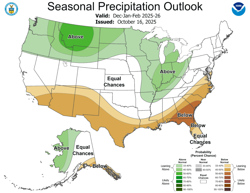 The latest seasonal precipitation outlook calls for above normal precipitation in some northern states and drier than usual conditions for some southern and eastern states. Image: NOAA CPC