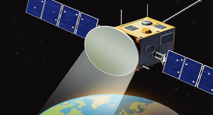 In this AI rendering, a satellite reflects sunlight down to Earth. Image: Grok